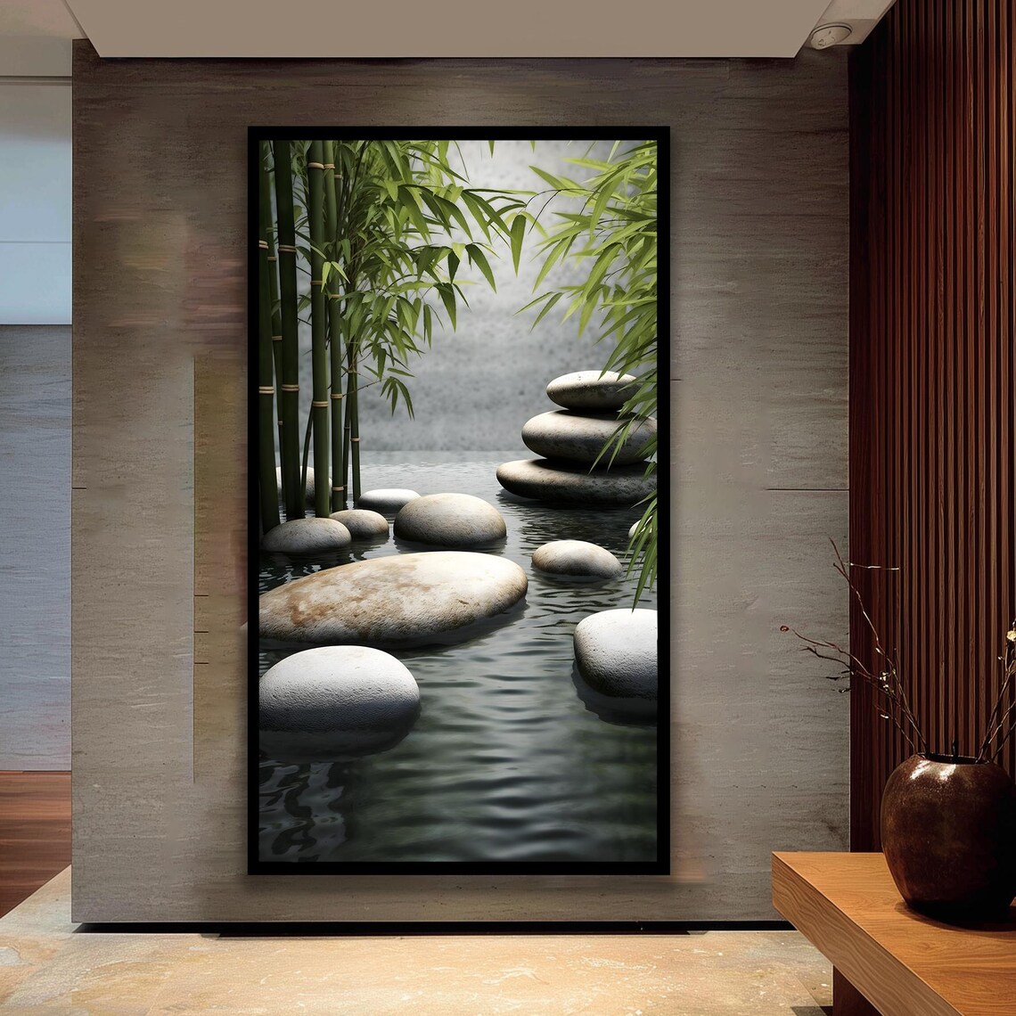 Zen Stone Bamboo Art Print, Meditation Decor