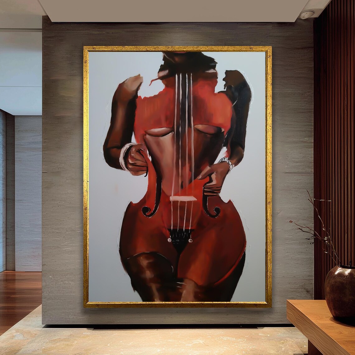 Abstract Cello Body Woman Figure in Red and Brown Painting Poster