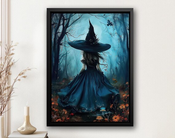 Young Witch in Blue Gown Walking into Misty Moonlit Forest Art Poster