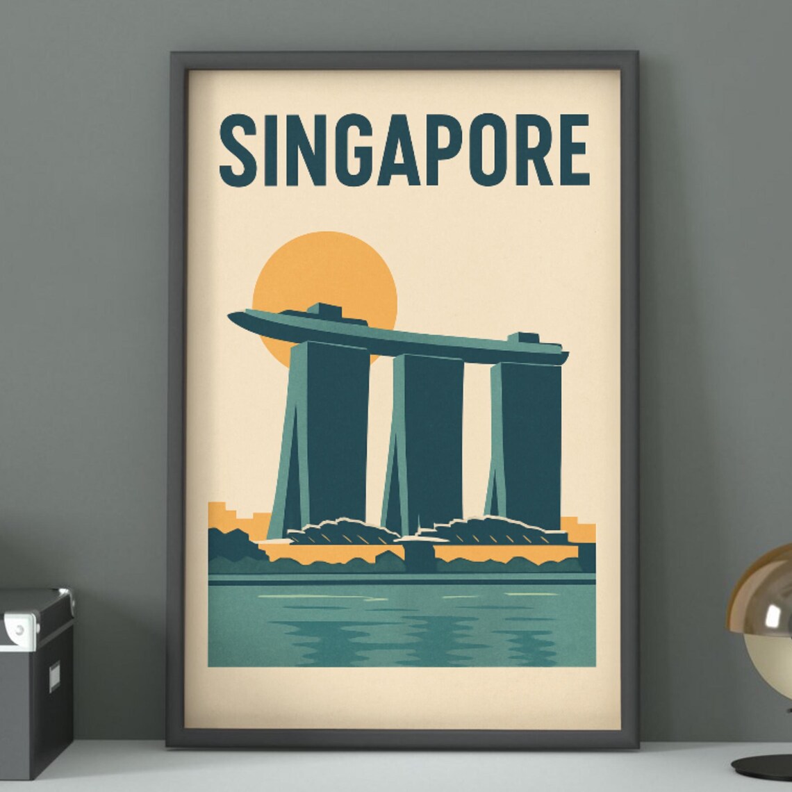 Singapore Marina Bay Sands Sunset Vintage Retro Travel City Poster