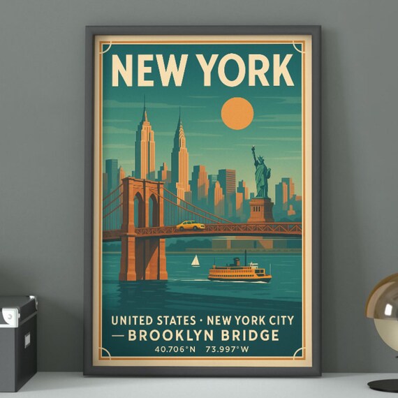 New York City Vintage Travel Poster Brooklyn Bridge Statue of Liberty Art