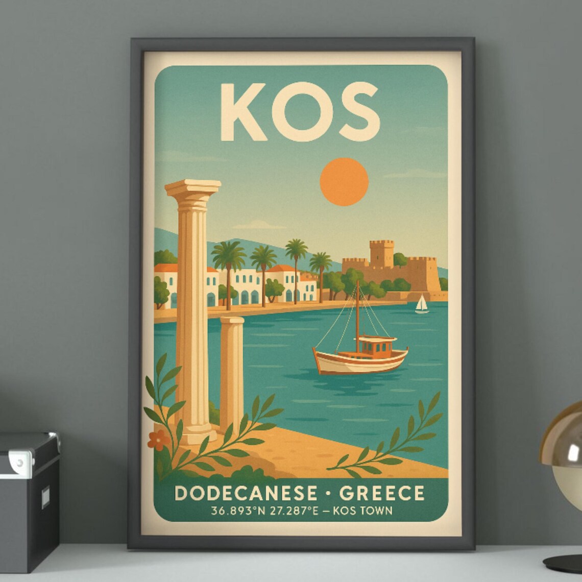 Kos Greece Vintage Travel Poster Ancient Columns Castle Harbor Scene