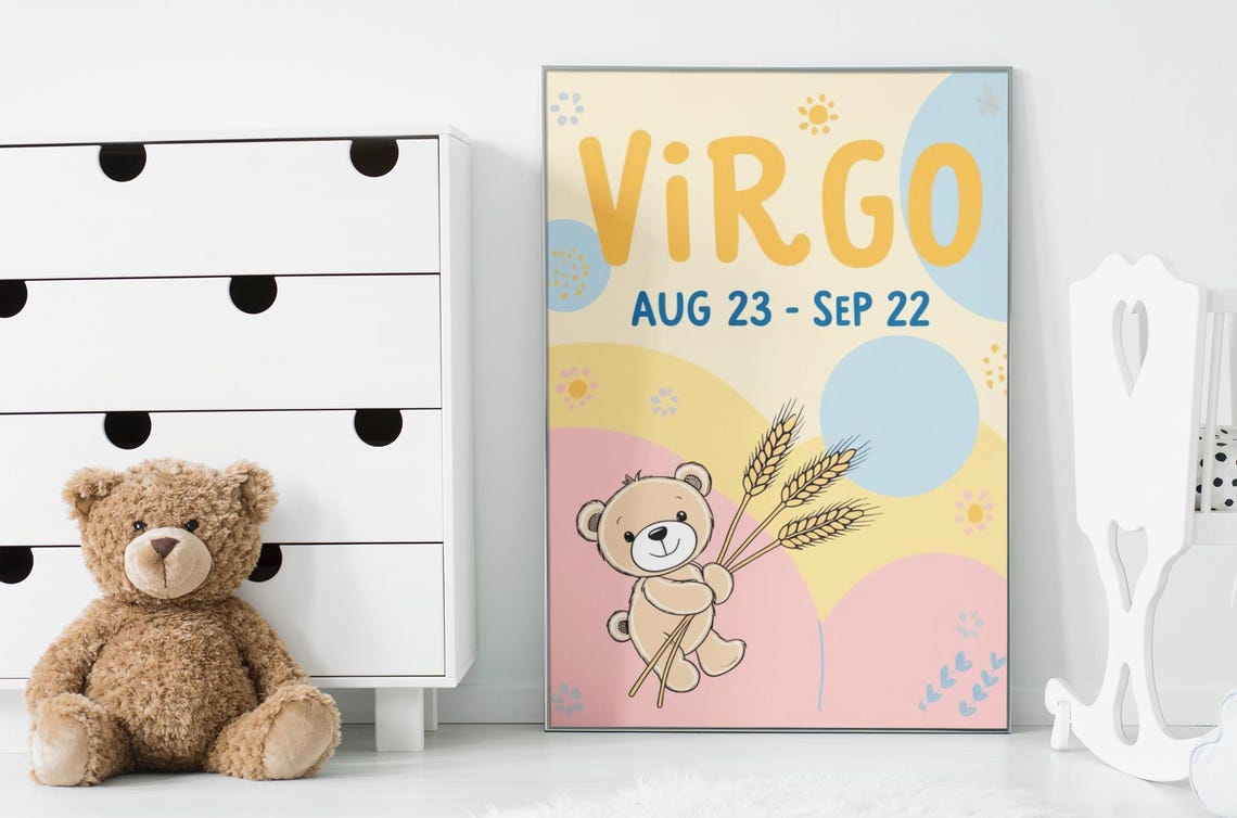Virgo Zodiac Nursery Print Teddy Bear With Wheat Kids Room Star Sign - Image 2