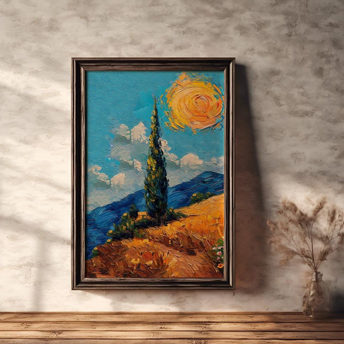 Impressionist Landscape Van Gogh Style Painting Printed Oil Painting Blue Sky And Sun Vintage Wall Decor Art Of Nature Sunny Day Tree
