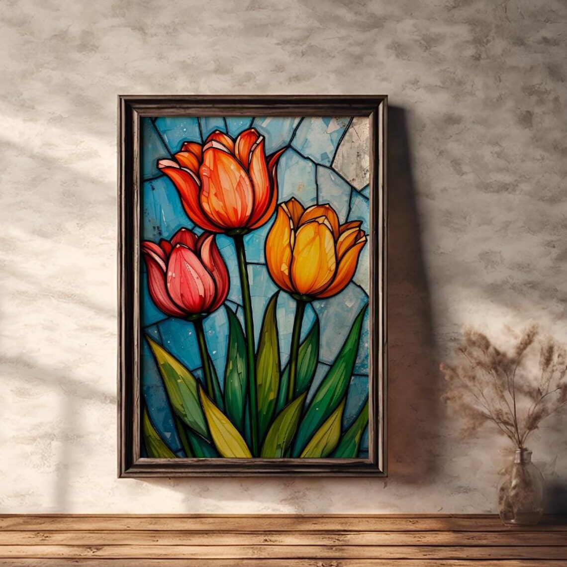 Stained Glass Tulips in Red Orange and Yellow Floral Art Poster