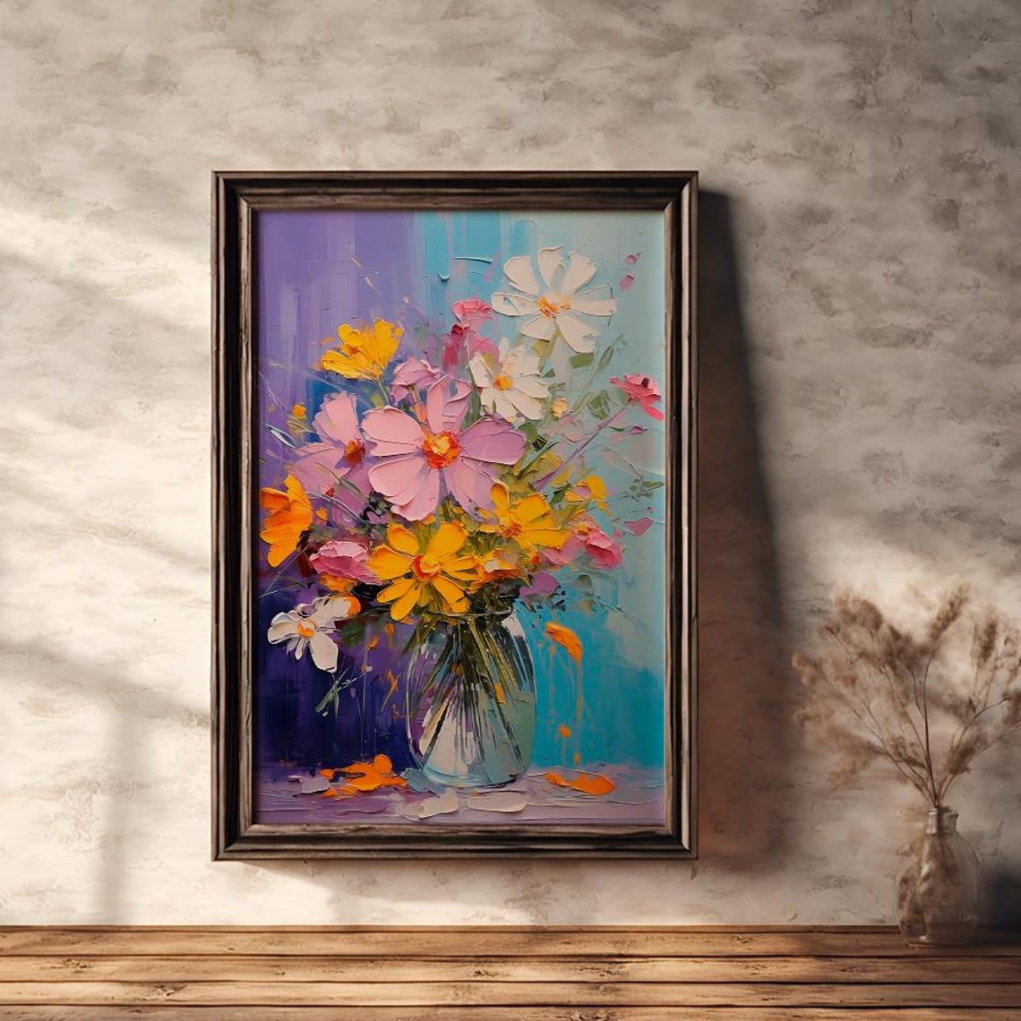 Colorful Wildflower Bouquet in Glass Vase Impasto Art Poster