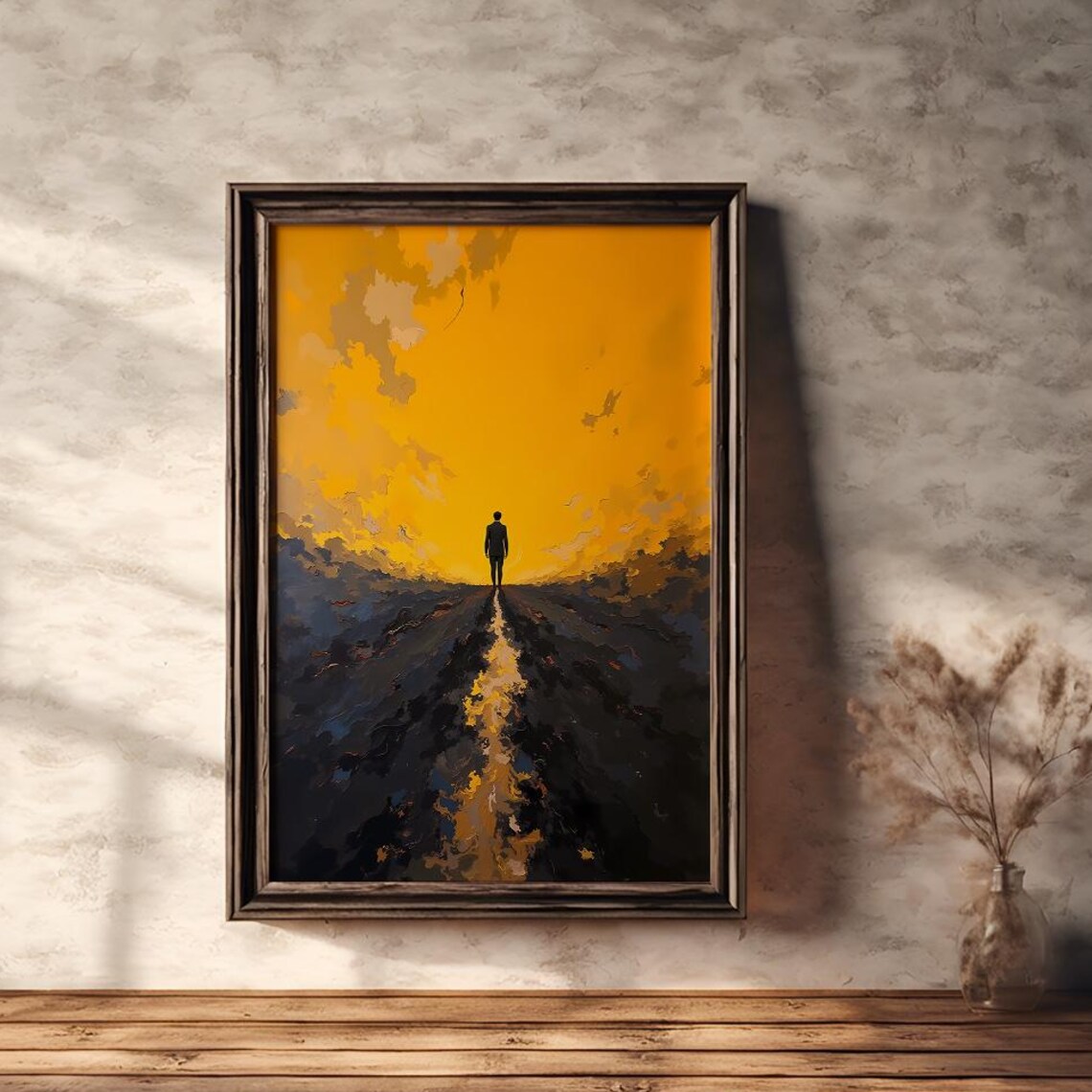 Lone Figure Walking Toward Golden Horizon Surreal Path Poster