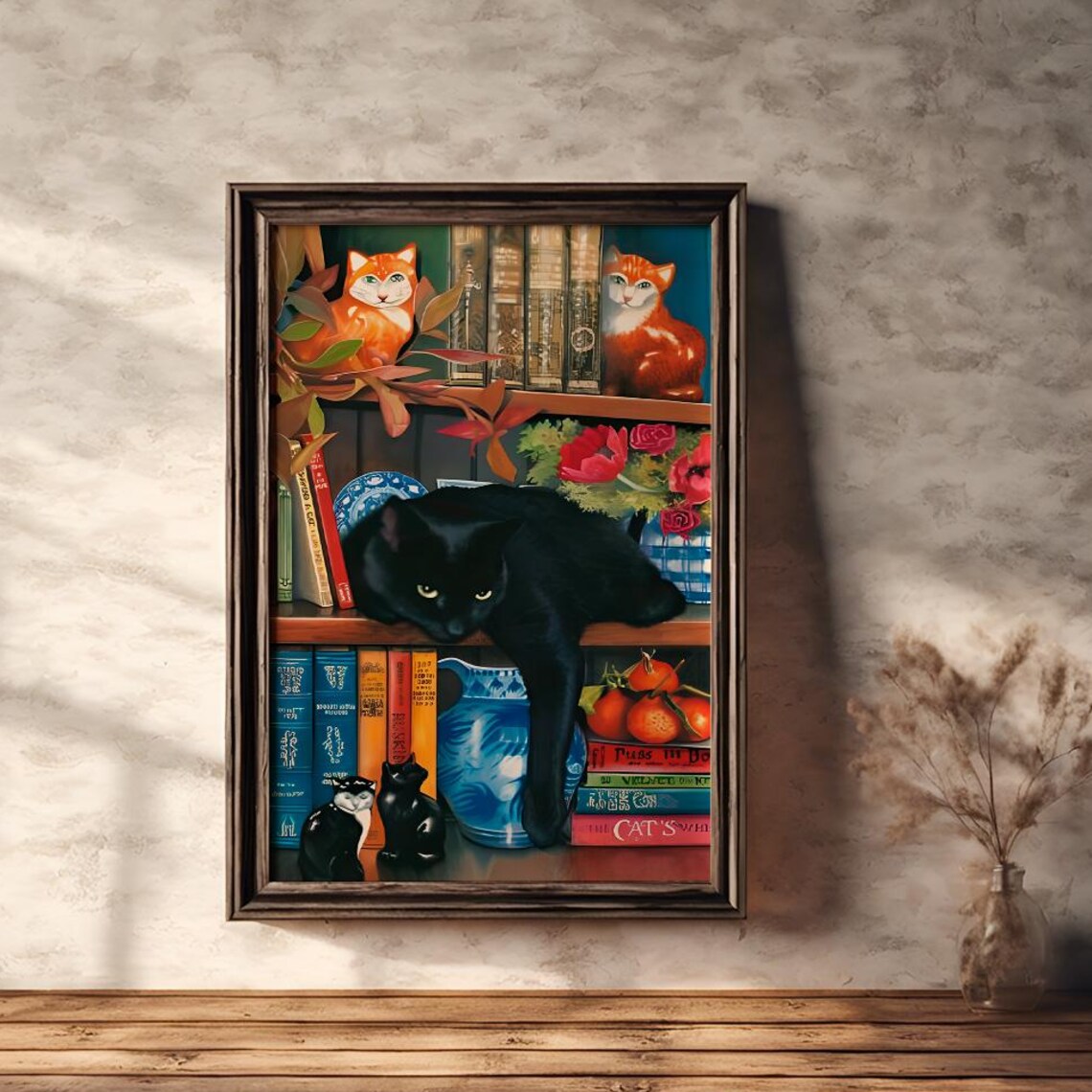 Cats Lounging on Cozy Bookshelf Colorful Whimsical Art Poster