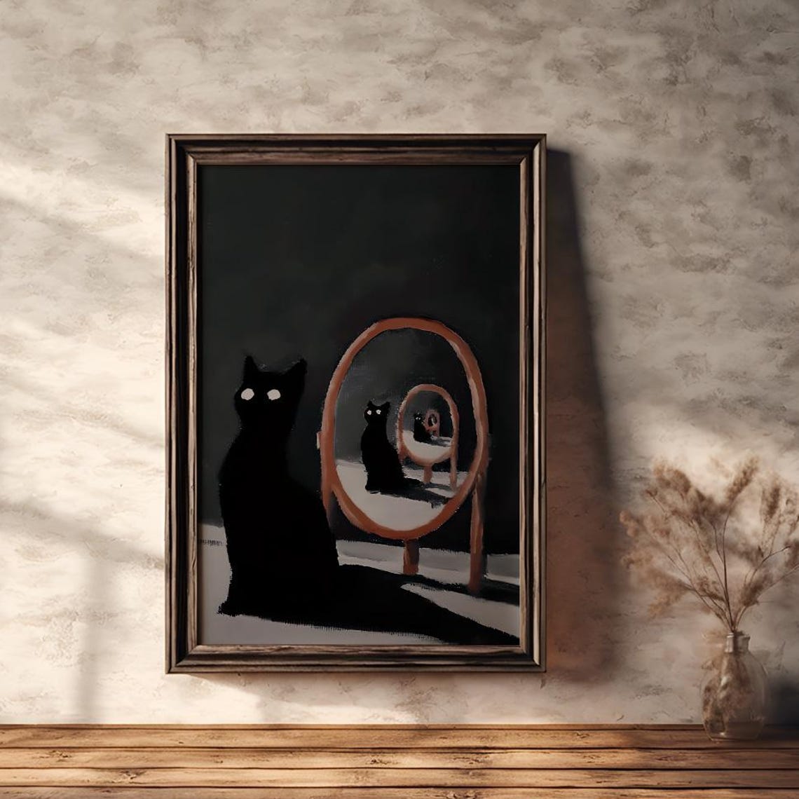 Black Cat With Infinity Mirror Reflections Dark Moody Art Poster