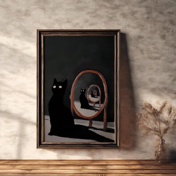 Black Cat With Infinity Mirror Reflections Dark Moody Art Poster