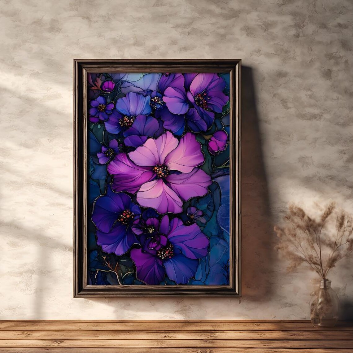 Violet Purple Hibiscus Stained Glass Style Floral Painting Poster