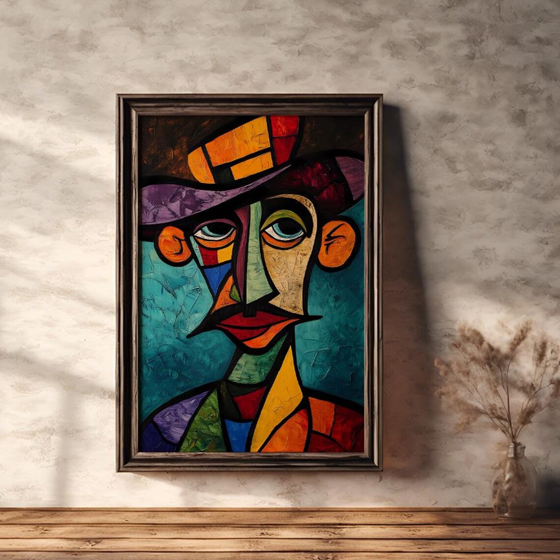 Cubist Portrait of a Man in a Hat Colorful Geometric Art Poster
