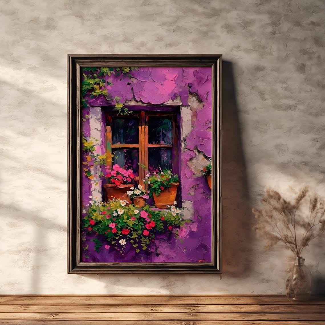 Purple Stucco Window With Flower Pots Colorful Mediterranean Poster