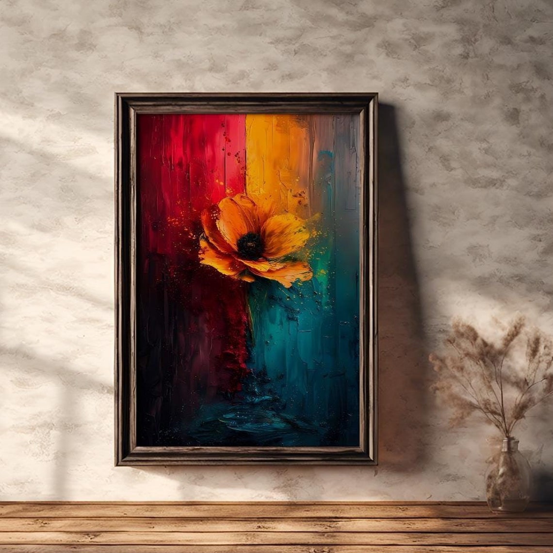Single Orange Poppy on Abstract Red Teal Canvas Floral Poster