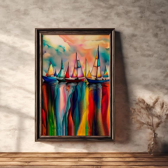 Wall Art Multicolored Sailboat Painting Vibrant Abstract Seascape With Sailboats At Sunset Nautical Decor Rainbow Tones And Watercolor