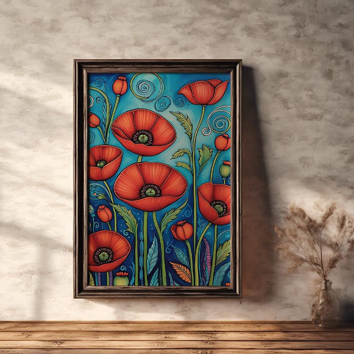 Red Poppies on Blue Background Boho Floral Illustration Poster