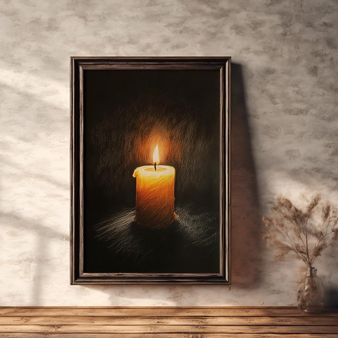 Single Lit Candle Glowing in the Dark Warm Light Sketch Art Poster