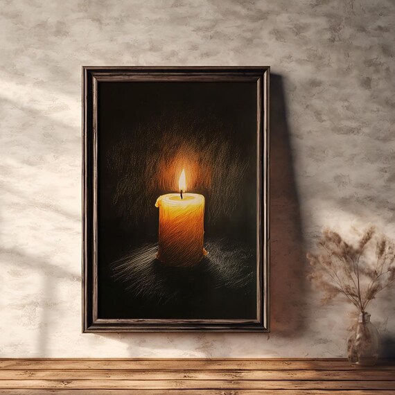 Single Lit Candle Glowing in the Dark Warm Light Sketch Art Poster