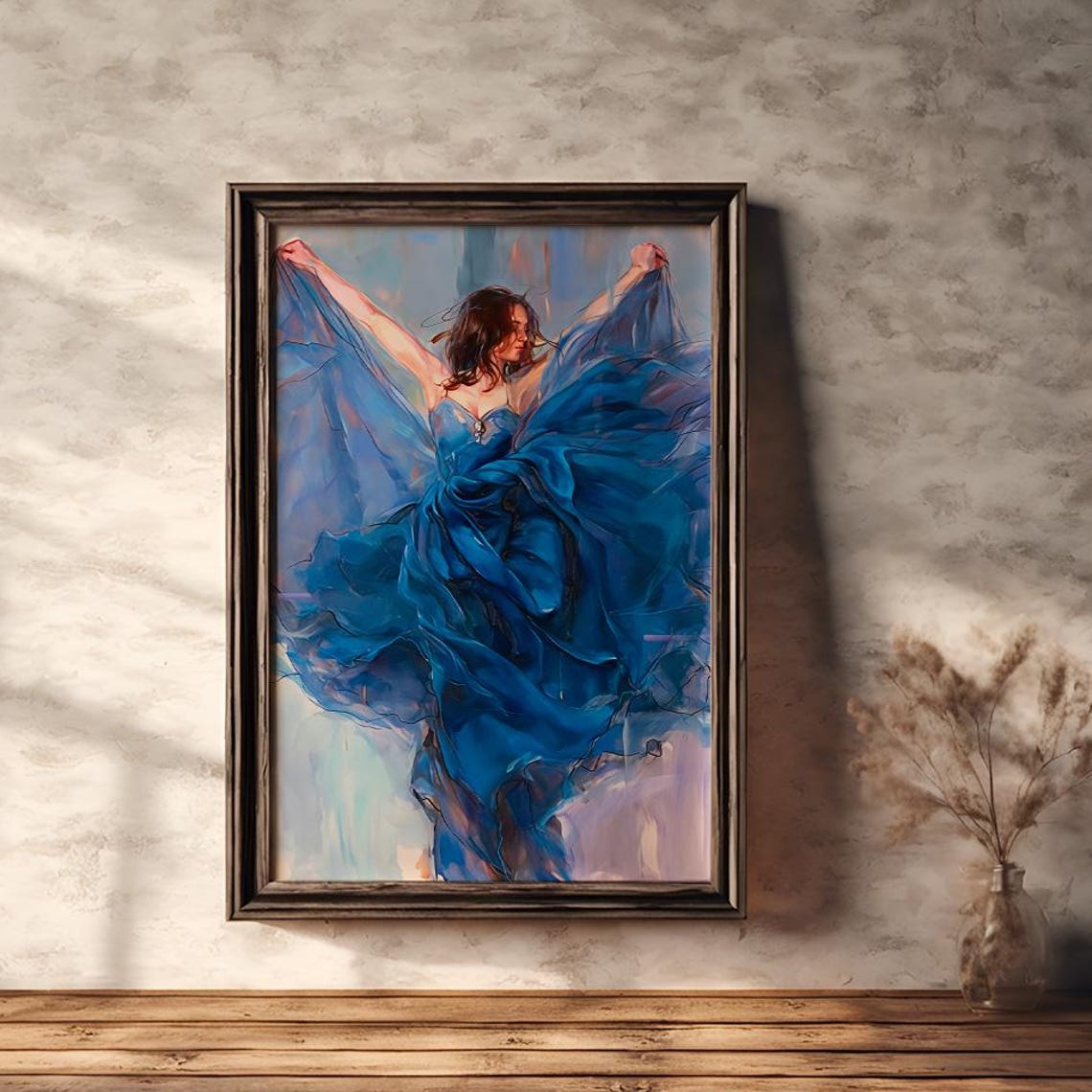 Woman in Flowing Blue Dress Dancing Impressionist Art Poster