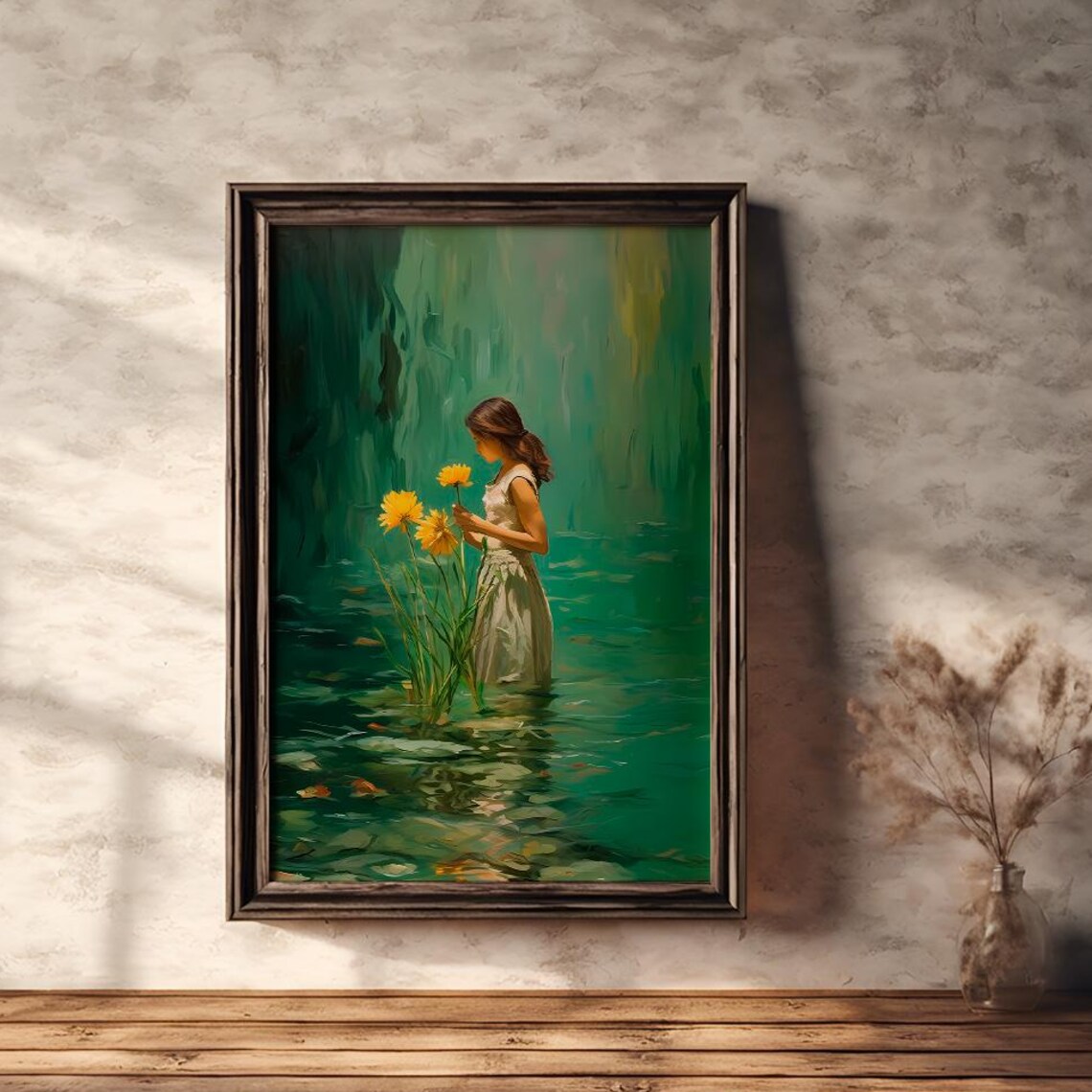 Woman in Emerald Water With Yellow Flowers Impressionist Poster