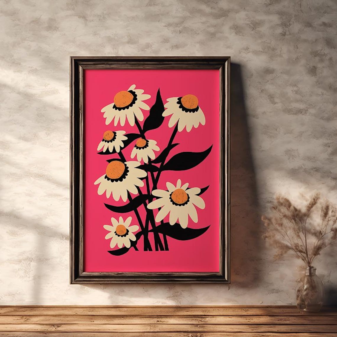 Retro Cream Daisies on Magenta Pink Background Vintage Poster