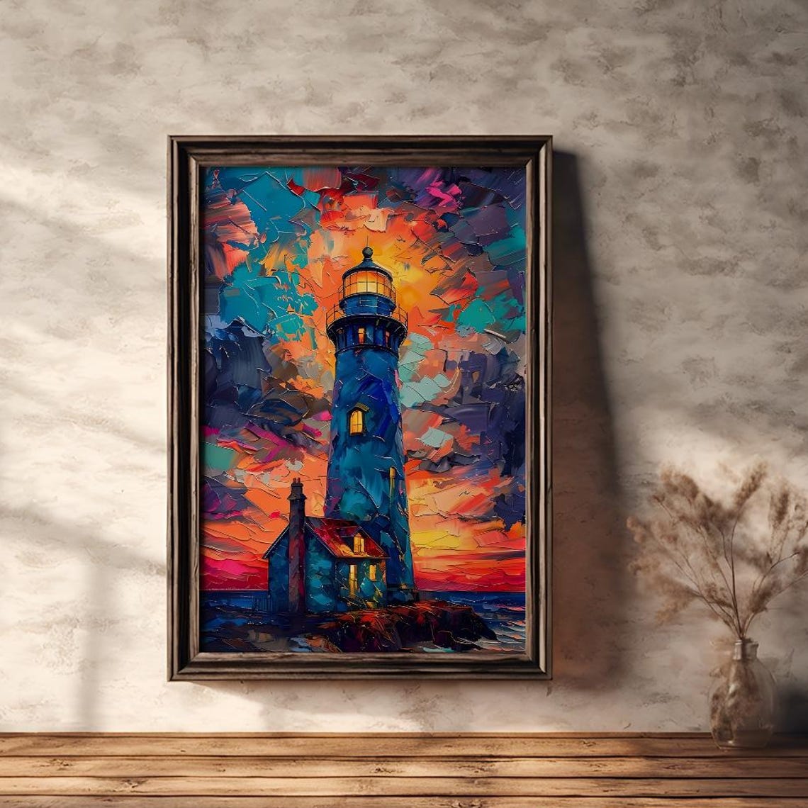 Blue Lighthouse Silhouette Against Fiery Sunset Impasto Poster