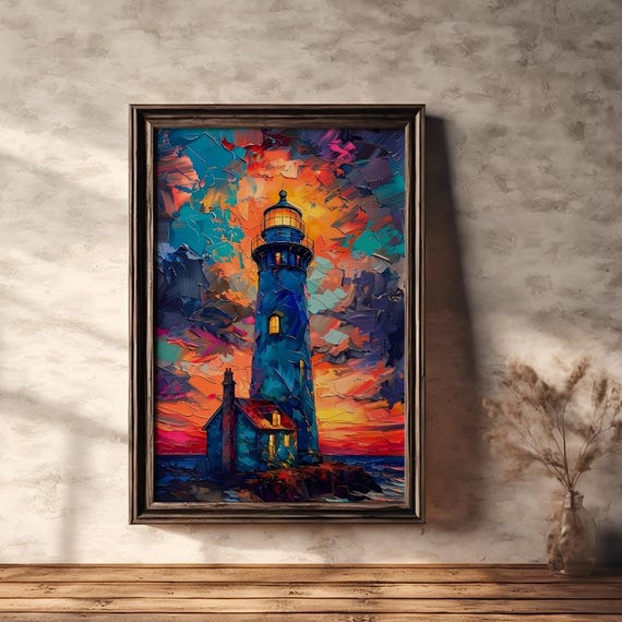 Lighthouse On A Natural Coast Sunset Wall Art Heavens Colors Lighthouse Over The Sea Maritime Painting Coastal Decor Sea Landscape