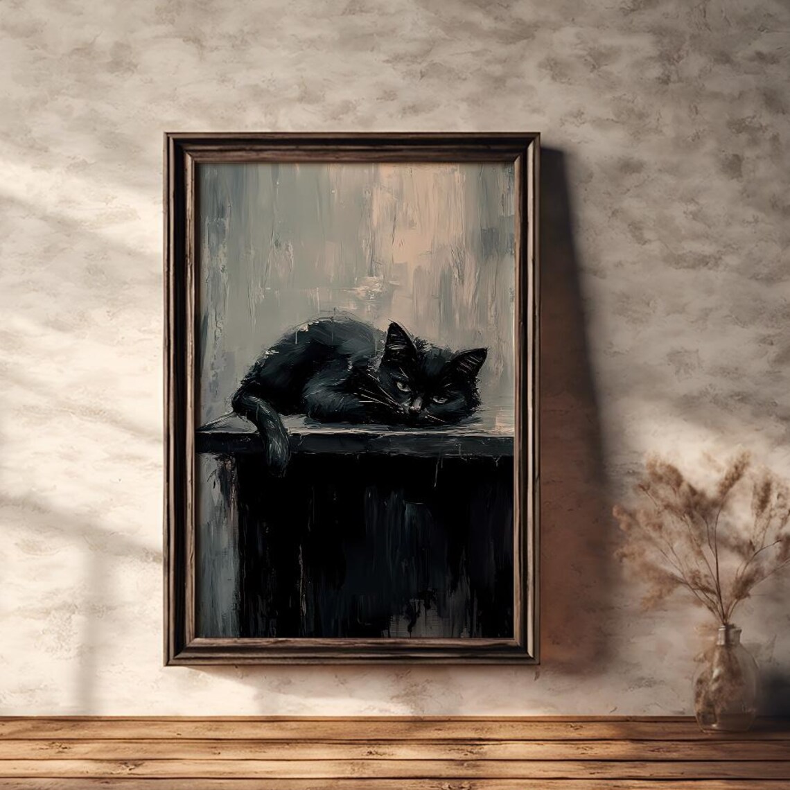 Sleeping Black Cat on Wooden Table Moody Oil Painting Poster