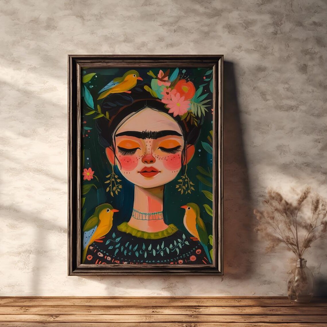 Bohemian Woman with Flower Crown and Songbirds Folk Art Poster