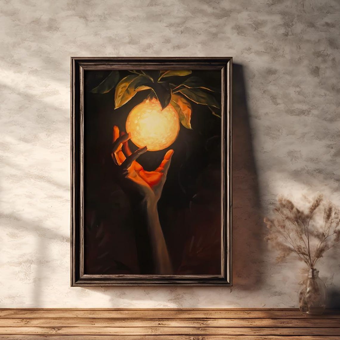 Hand Reaching for Glowing Orange Fruit in the Dark Art Poster