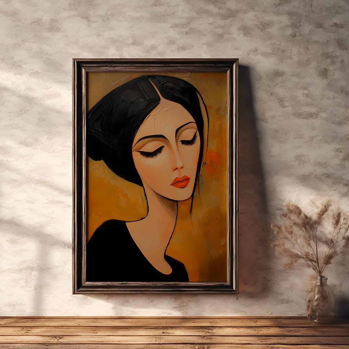 Woman's Portrait With Closed Eyes on Amber Background Art Poster