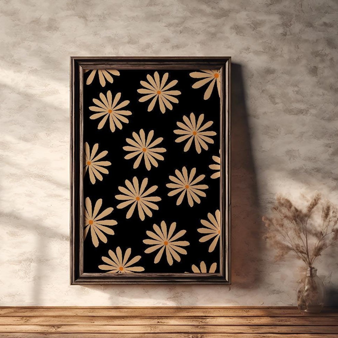 Retro Daisy Pattern in Cream White on Black Vintage Floral Poster