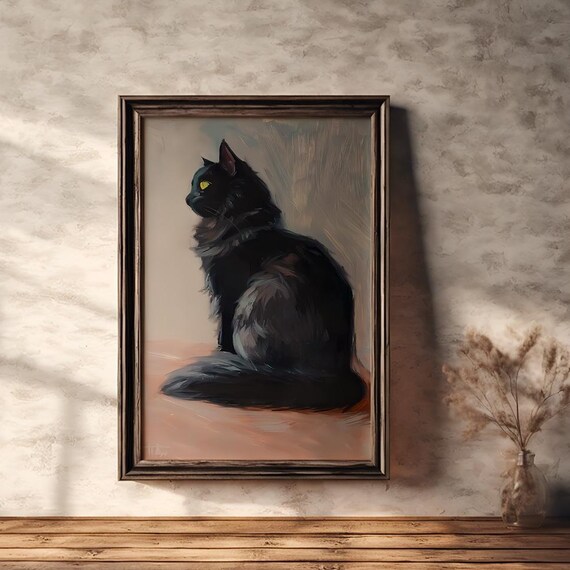 Regal Black Cat in Profile Oil Portrait Minimalist Art Poster