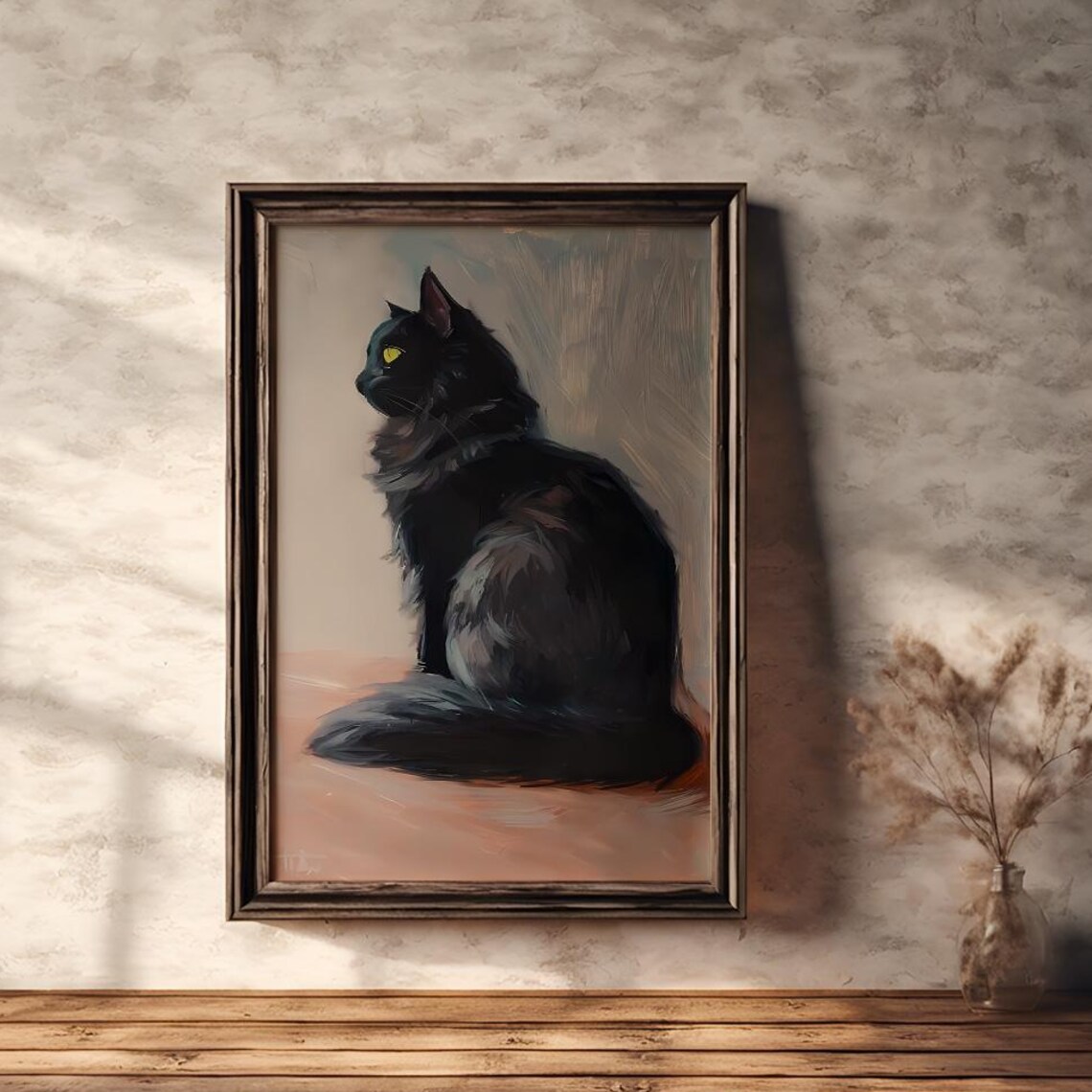Regal Black Cat in Profile Oil Portrait Minimalist Art Poster