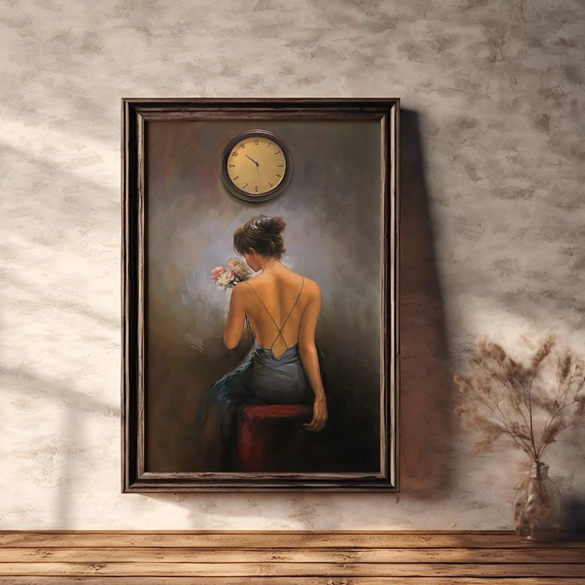 Elegant Woman in Backless Dress Beneath a Wall Clock Art Poster