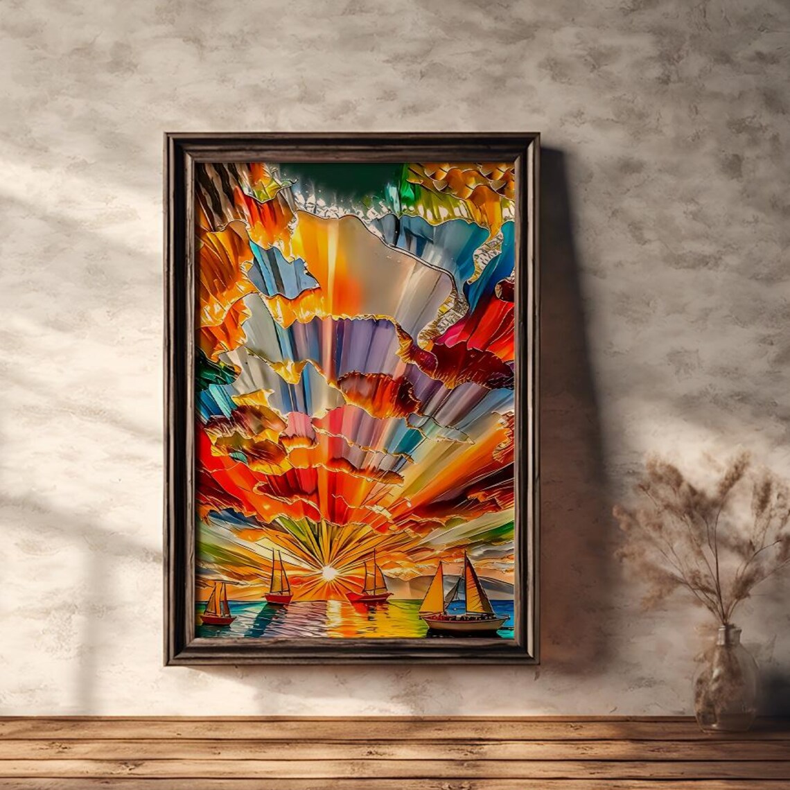 Sailboats at Stained Glass Sunset on Ocean Seascape Art Poster