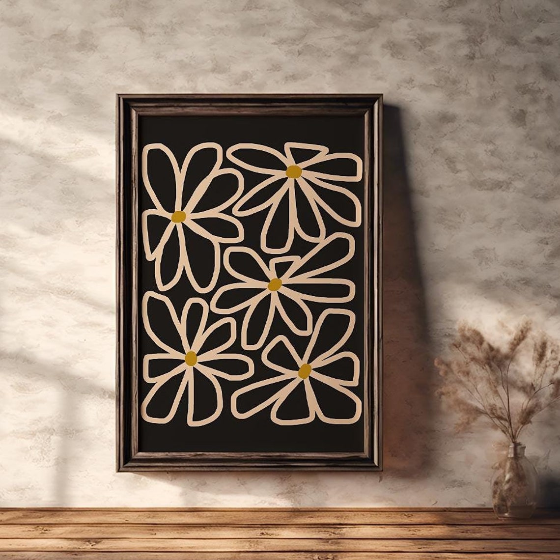Minimalist Cream Line Daisies on Black Modern Botanical Poster