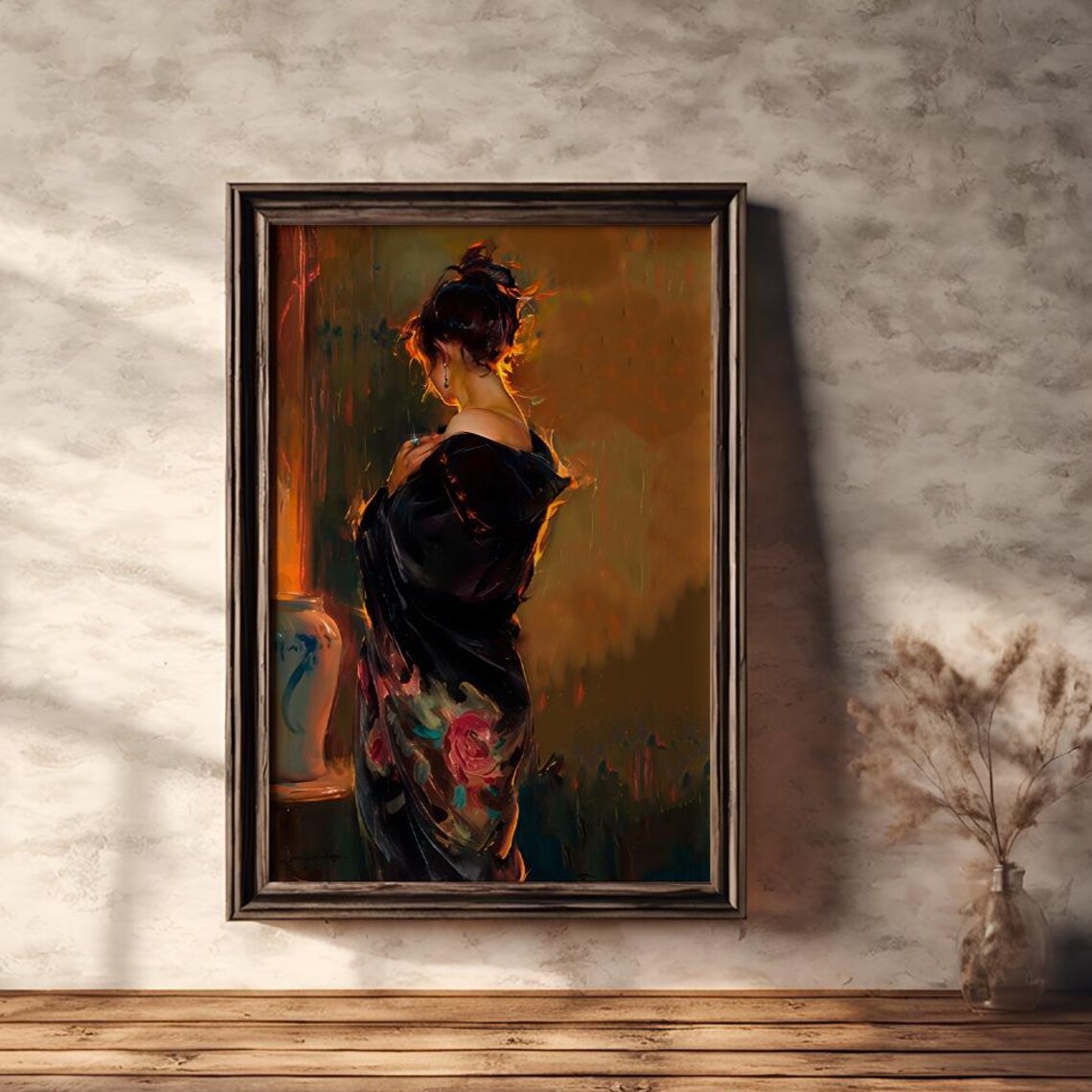 Woman in Black Dress With Floral Kimono Vintage Style Poster