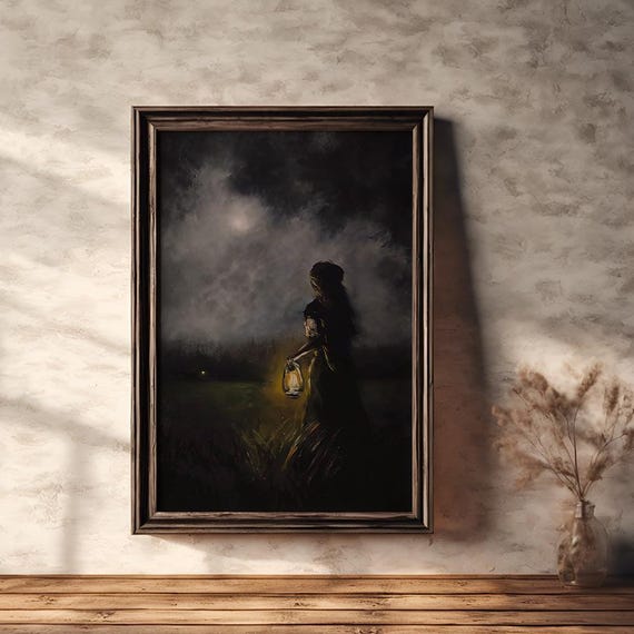 Mystical Woman With Lantern Art Print Gothic Painting Dark Ethereal Decor Vintage Night Wall Art Ghostly Mysterious Illustration