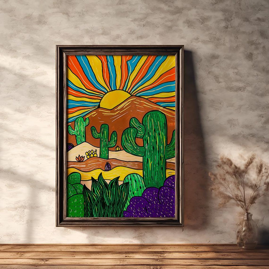 Colorful Desert Landscape With Cactus and Sun Modern Art Poster