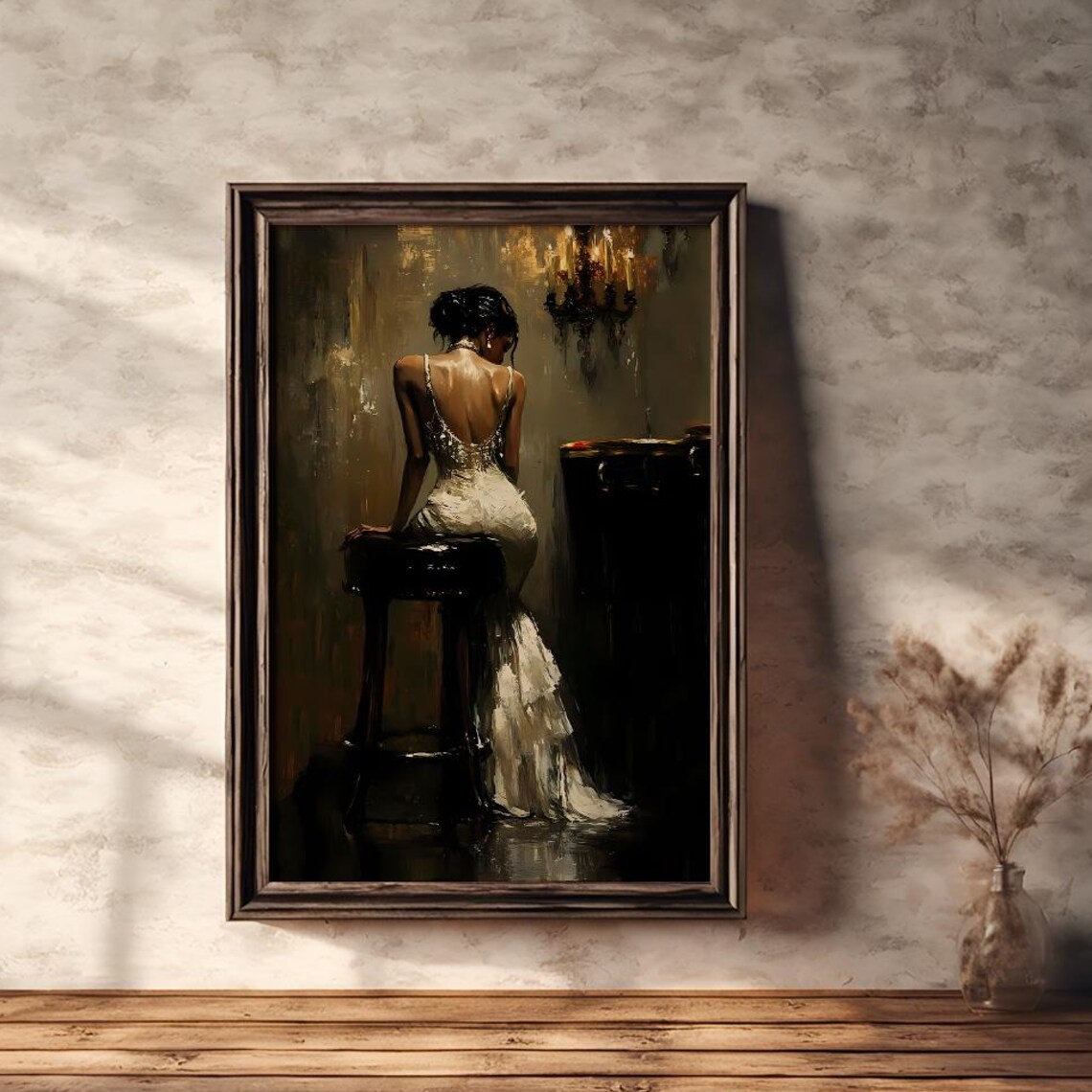 Woman in White Dress on Bar Stool Moody Candlelit Oil Painting Poster