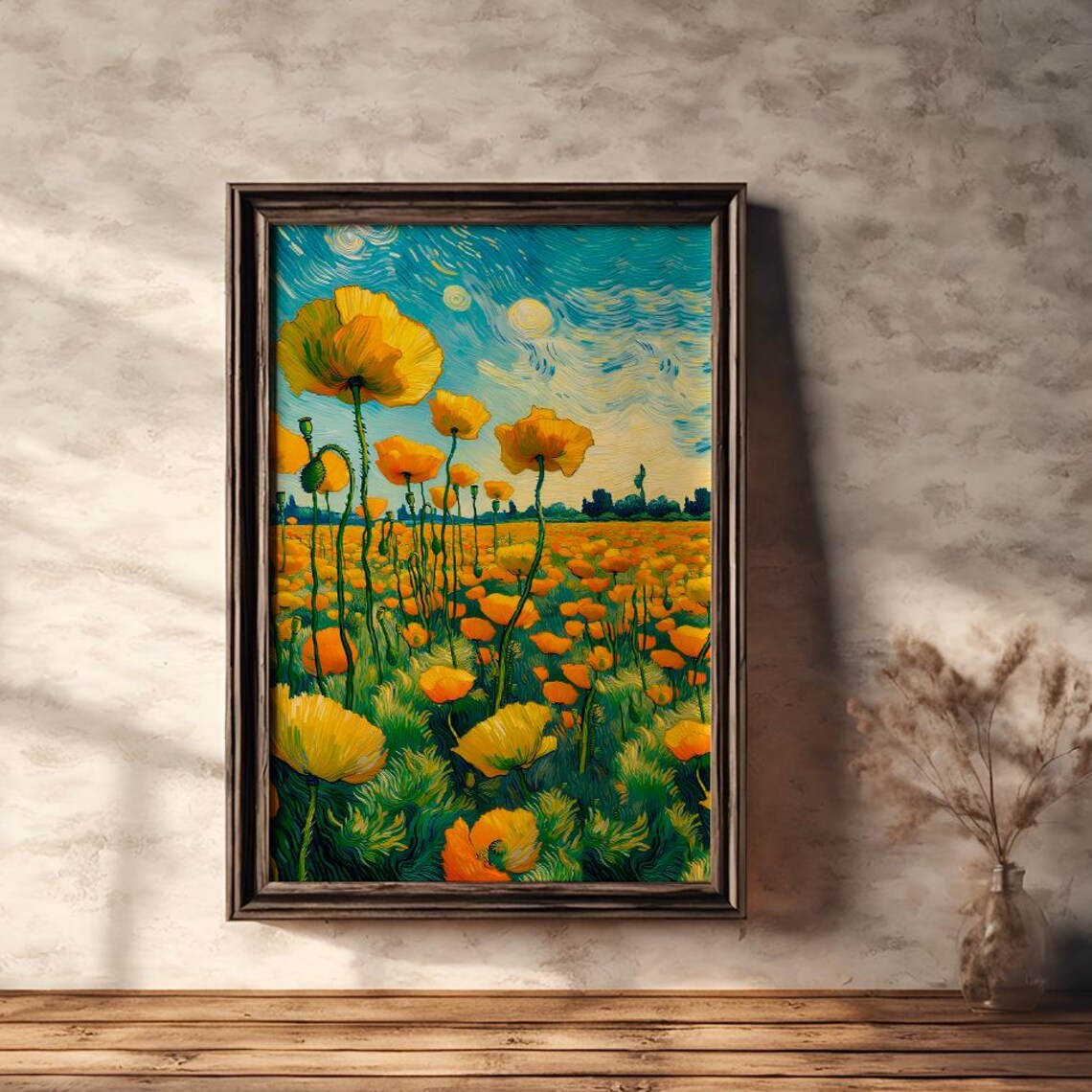 Yellow Poppy Field under Starry Sky Impressionist Art Poster