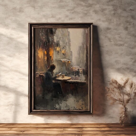 Reading Woman Painting Coffee And Books Painting Oil Pain Wall Art Romantic Rainy Scene Bar Wall Art Illustration Gift Coffee Lovers
