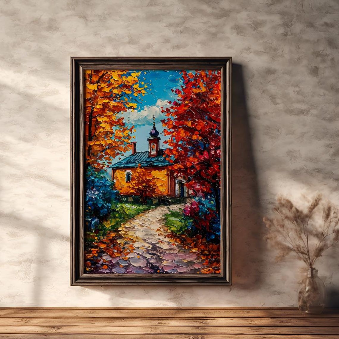 Autumn Cottage with Church Dome among Fiery Trees Art Poster