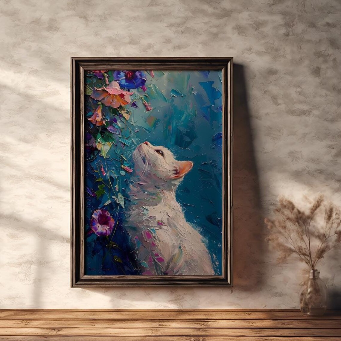 White Cat Gazing at Flowers Blue Impasto Painting Art Poster