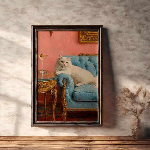 Elegant White Cat Lounging on Blue Velvet Sofa Martini Night Poster