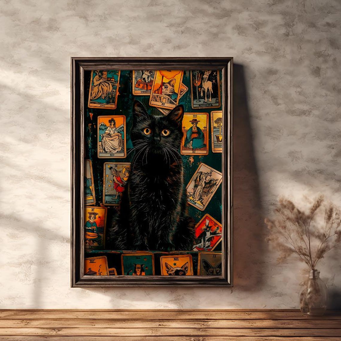 Black Cat Surrounded by Vintage Tarot Cards Mystical Feline Poster