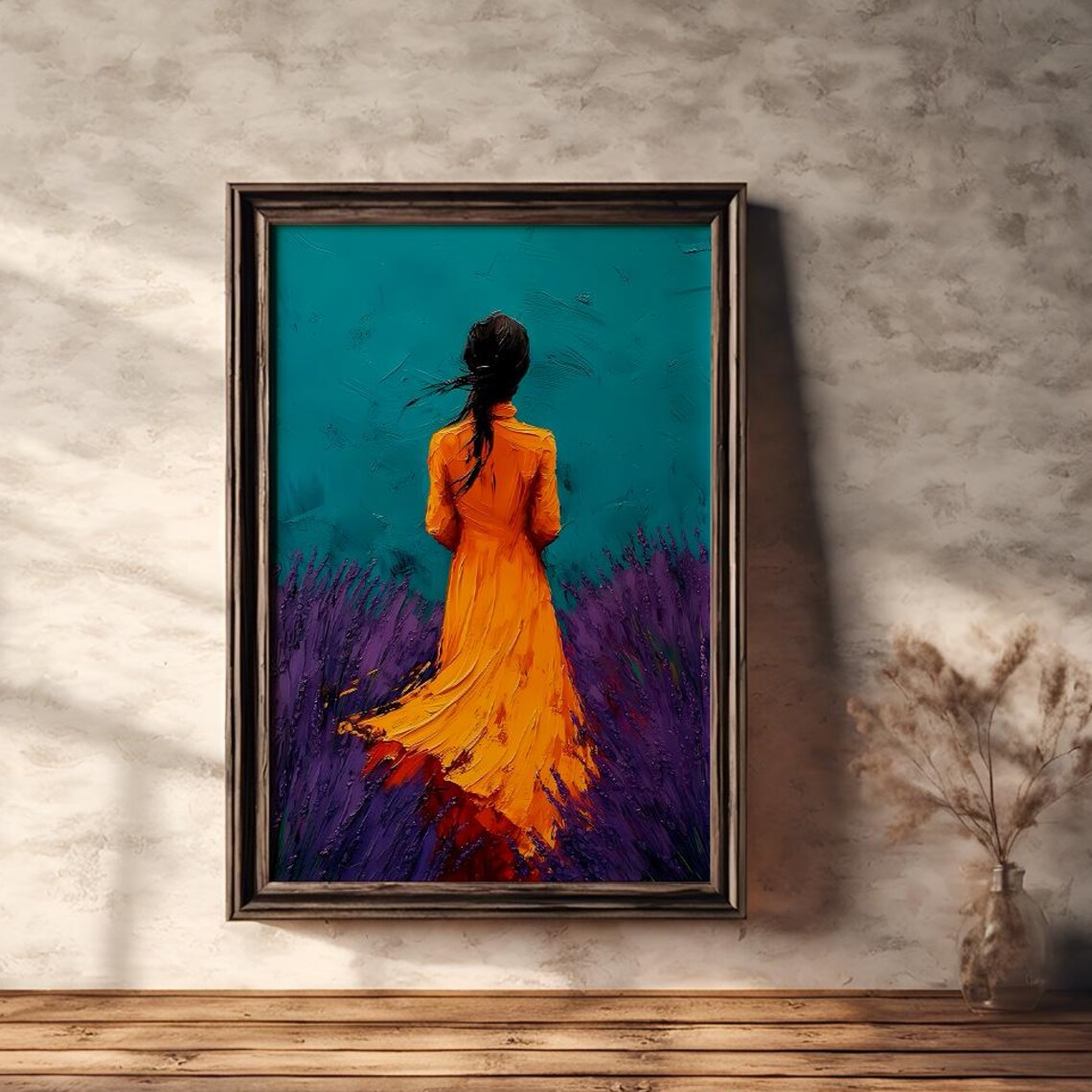 Woman in Orange Dress in Lavender Field Impasto Oil Art Poster