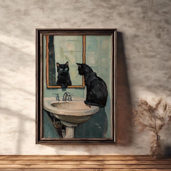 Black Cat Sitting on Bathroom Sink Staring into Mirror Poster