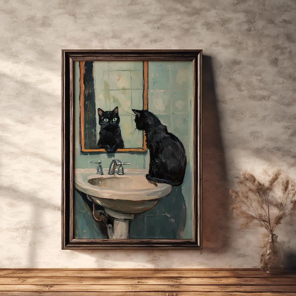 Black Cat Sitting on Bathroom Sink Staring into Mirror Poster
